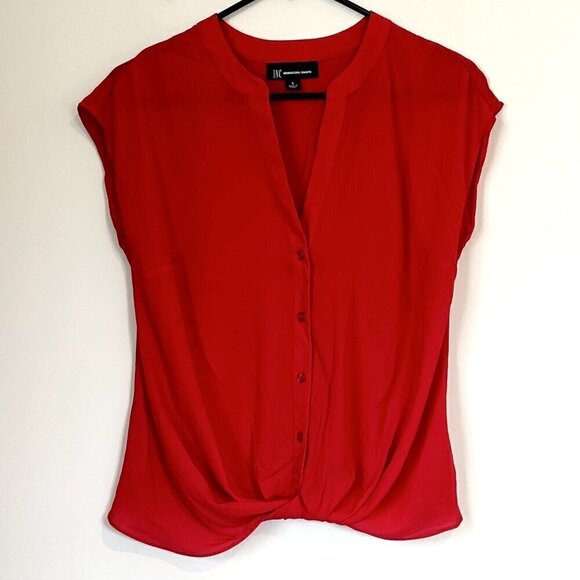 INC Women's Real Red Short Sleeve Button Down Twist V-Neck Blouse - Small - Picture 2 of 6
